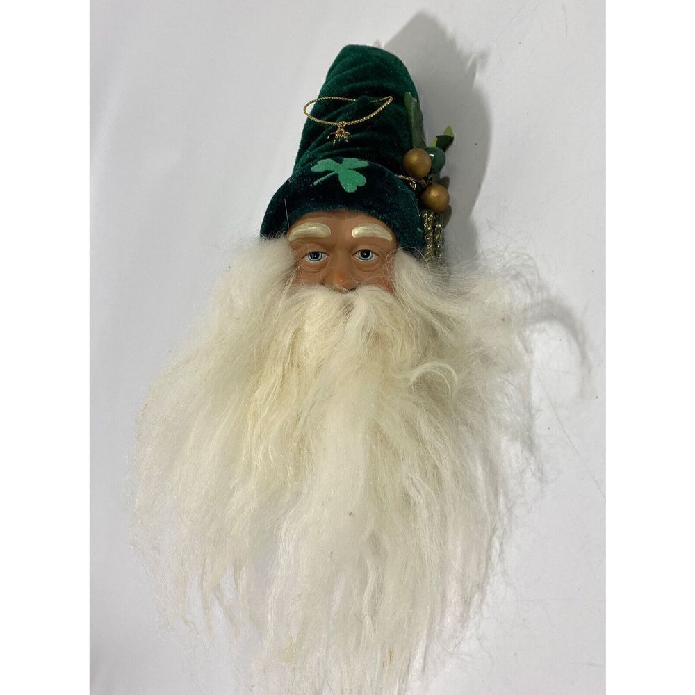Santa Head Ornament natural Long soft Beard Green Irish Shamrock